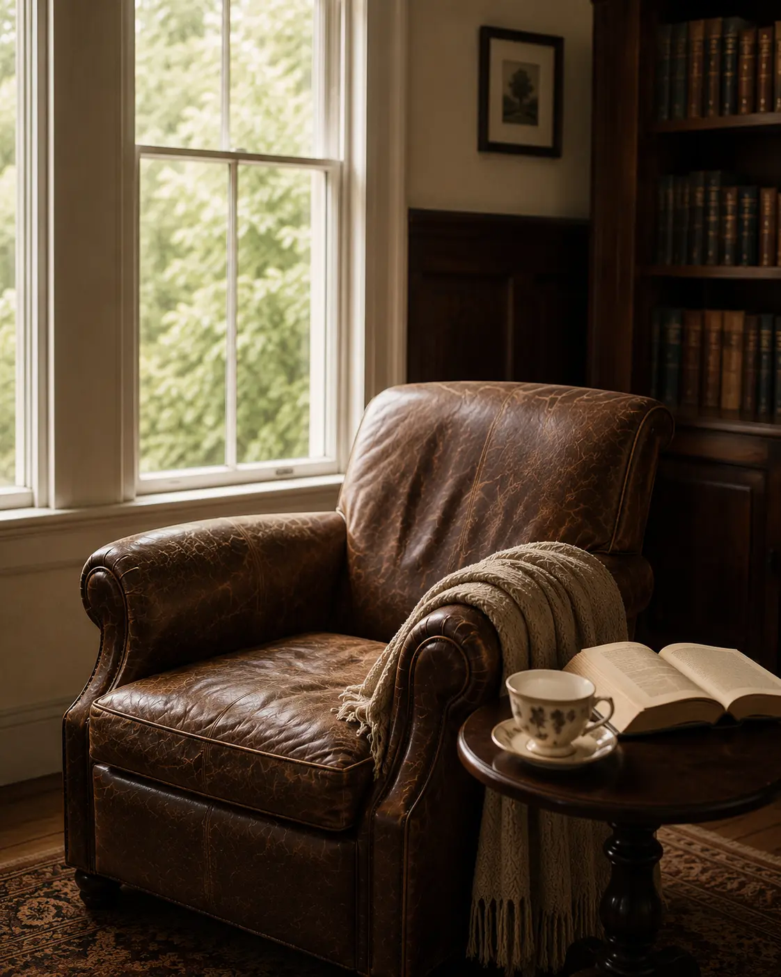 Reading chair by a window in warm afternoon light.
